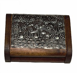 Item # TB-7 N Round edge wooden Business card box   @ 7cm x 3.5cm x 11cm. The sizing, style of the hand pounded metal plate and box color will vary some.