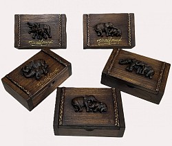 Item # TB-8 R ( elephant) Wooden Square edge Business card box @ 7cm x 3.5cm x 11cm. Sizing. box coloring and the style of resin can vary . Can be ordered with or with out your locations name.
