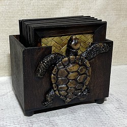 Item #  CST-2  Wooden Coaster set  with resin Turtle ( 7 pcs) 6 pine wood coasters and 1 coaster holder box . The sizing, color and texture can Vary some.
