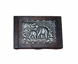 Item # TB-4 N ( Elephant)  -  Wooden tooth pick box with hand made metal plate on top.  -  @ 6cm x 3cm x 9cm Size,  The Elephant metal plate Designs will  vary some.