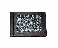 Item # TB-5 N ( Elephant)  -  Wooden tooth pick box with hand made metal plate on top.  -  @ 6cm x 3cm x 9cm Size,  The Elephant metal plate Designs will  vary some.