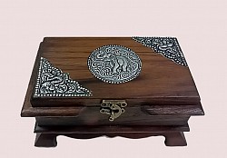 TB-21 N ( white metal plate ) Wooden Turtle leg box with metal accents on top. The tone of the wood and the style of the metal plate will vary unless custom ordered .