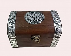 TB-22 N ( white metal plate ) Wooden Turtle Back box with metal accents.  @ 4'' x 6'' in size - The tone of the wood and the style of the metal plate will vary unless custom ordered .