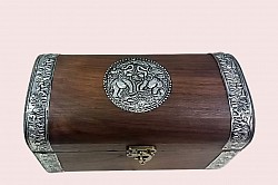 TB-23 N ( white metal plate ) 4'' x 8'' Wooden Turtle Back  box with metal accents on top. The tone of the wood and the style of the metal plate will vary unless custom ordered .