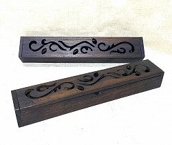 TB-40  Wooden incense holder box with cutout design. @ 4cm x 5cm x 28 cm in size. The tone and color of the wood can vary some.