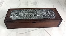 Item #  TB 18 N ( white metal)  wooden chop stick box  With hand pounded Metal on top. The box is  @ 10cm x 6.5cm x 18cm in size.  the  style of the metal accent pcs, box coloring and sizing can vary some.