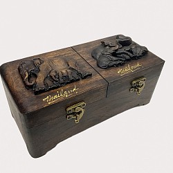 Item # TB-26 R  Hinged 2 Lid wooden box with 2 Resin pieces on the top and a latch on the front. The Resin designs as well as color and the texture of the wood can vary some.  4'' x 8'' in size