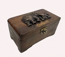Item # TB-24 R   Hinged Lid wooden box with Resin Elephant and a latch on the front. The Resin designs as well as color and the texture of the wood can vary some.  4'' x 6'' in size