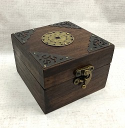 Item # TB-50 Z   Wooden hinged top box with nice Metal trim and Zodiac design. The sizing is @ 10 cm x 10 cm ( 4'' x 4'') The wood color and texture can vary some.