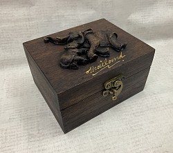 Item # TB-51  Hinged top box with resin Elephant and a nice metal latch on the front. The Resin style, color and Texture of the wood  can vary some.