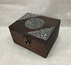 Item # TB-51 N   Hinged top box with hand made metal design and a nice metal latch on the front. The Box sizing is @ 10cm x 12.5 cm ( 4'' x 5''). The metal pattern on top as well as the  color and texture of the wood can vary.