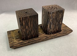 Item # PSP-2  Square style Palmwood salt and pepper set. The color and texture of the wood will vary some.