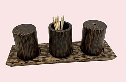 Item # SPS-11  cylinder style palm wood salt and pepper shaker set . The wood color and texture can vary some.