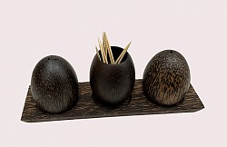 Item # SPS-13 Egg shape palm wood salt and pepper shaker set. The wood color and texture can vary some.