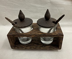 Item # PGS-1  Palm wood condiment set with jars. The color and texture of the wood can vary some.