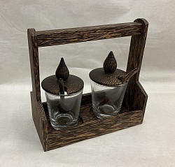 Item # PGS-2   Palm wood Condiment set with handle. The wood color and texture can vary some.