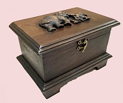 Item # TB-34R @ 13cm x 15cm x 21cm  Hinged lid wooden chest with Resin Elephant on top. Wood color and texture will vary some.