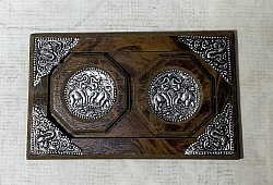 Item #  CMD-10   MFD wood Coaster set ( 3 pcs). This sample is in our Brown/ black free style paint. We also make these with a plain dark brown finish.