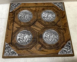 Item # CMD-11  MFD wood Coaster set ( 5 pcs). This sample is in our Brown/ black free style paint. We also make these with a plain dark brown finish.