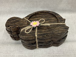 Item # CPT-3  Turtle Palmwood coaster set ( 4 pieces)  wrapped with string. - Color and texture of the wood can vary.