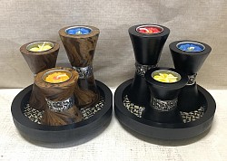 MSS-7  3 pcs Mango wood tea candle Spa set.  Comes with a black 6.5'' Round tray. The 3.5'', 4'' & 4.5''  Tea candle are available in 2 color .